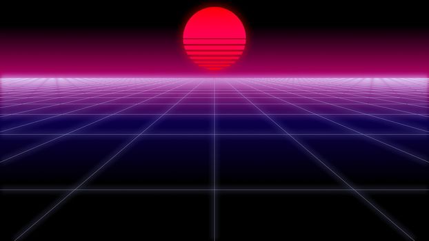 synthwave wireframe net and sun 80s Retro Futurism Background 3d illustration render