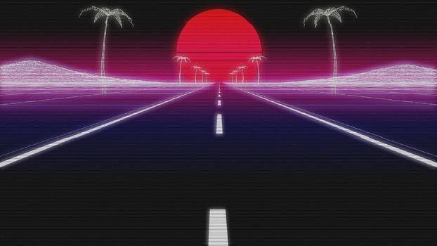 synthwave road palms and sun day 80s Retro Futurism wireframe Background 3d illustration render low angle with glitch retro old VHS effect