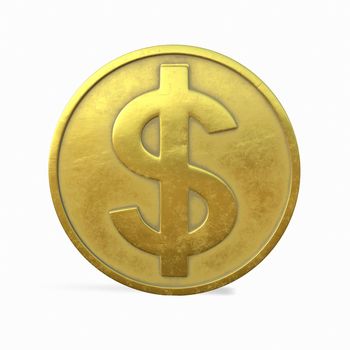 Gold coin with a dollar sign on a white background 3d-rendering.