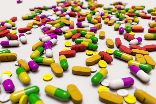 A lot colorful medication and pills from above. 3D rendering illustration