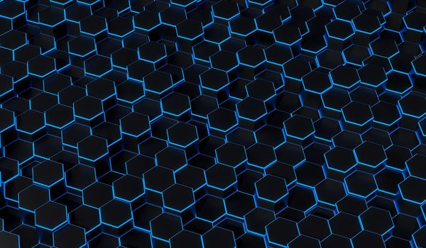 Black blue and orange hexagons background pattern 3D rendering illustration