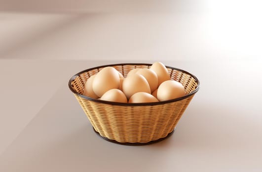 Brown eggs in the basket on white. 3D rendering illustration.