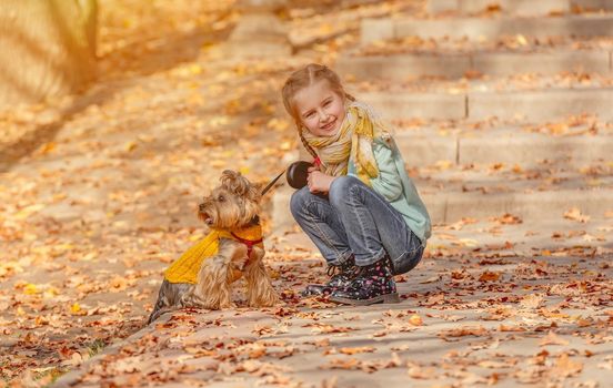 Cute little girl with yorkshire terrier in autumn park
