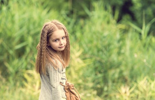 cute little girl is walking in the summer wood