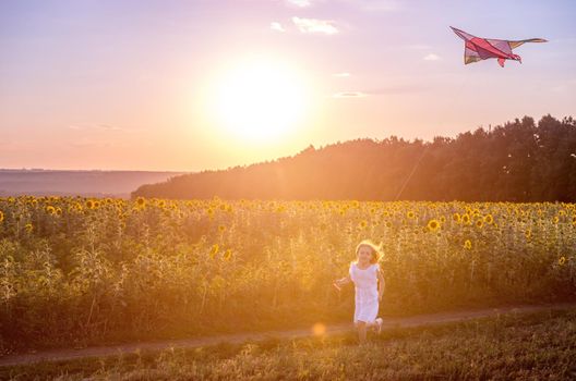 little cute girl in a white dress flying a striped kite in a meadow at sunset