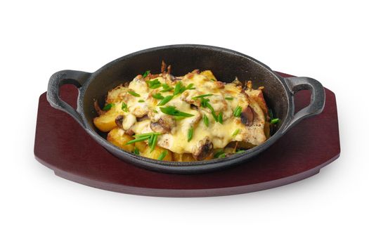Fried potatoes with mushrooms and cheese isolated on white background