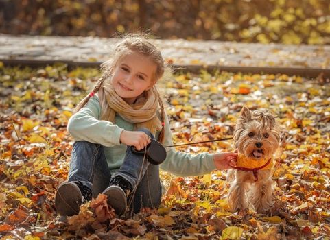 Cheerful little girl playing with terrier dog in autumn park