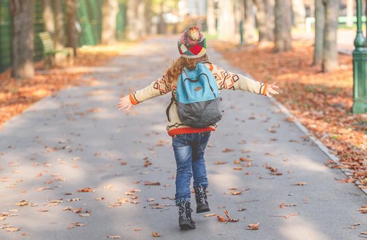 Rear view of school girl going home across autumn park