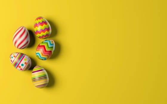 Easter holiday background. Pastel coloured decorated easter eggs on a bright yellow background 3D rendering illustration.