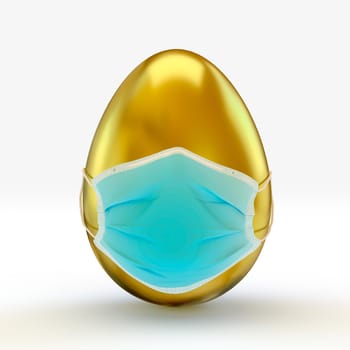 Realistic golden Easter egg with medical disposable mask on white background, 3D rendering illustration.