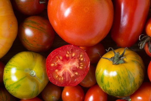 Colorful tomatoes shot from above