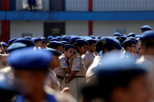 salvador, bahia, brazil - july 24, 2019: students from the College of the Military Police of Bahia are seen training in the school yard in the city of Salvador.