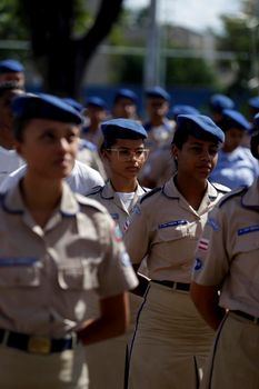 salvador, bahia, brazil - july 24, 2019: students from the College of the Military Police of Bahia are seen training in the school yard in the city of Salvador.