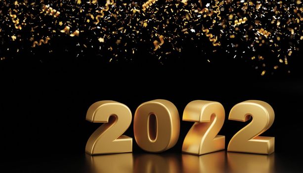 Happy new year 2022 and foil confetti falling on black background 3d render