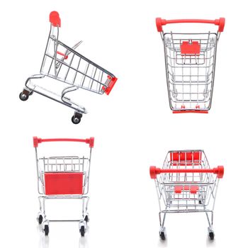 Four views, top, side, back and front, of a supermarket shopping cart isolated on white. 