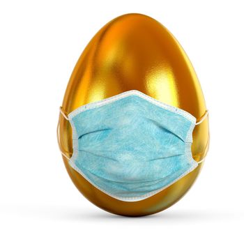 Realistic golden Easter egg with medical disposable mask on white background, 3D rendering illustration.