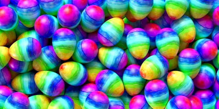 Pile of birght and colorful Easter Eggs, 3D rendering illustration.