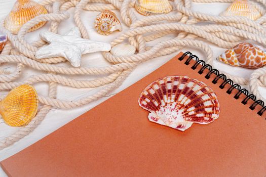 Close up photo of brown notepad with sea shells on wooden planks closeup, copy space