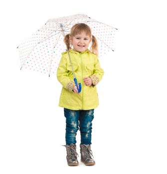 funny little girl in yellow coat holding umbrella in hand isolated on white background