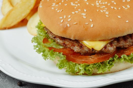 hamburger with fries and salad on the plate.