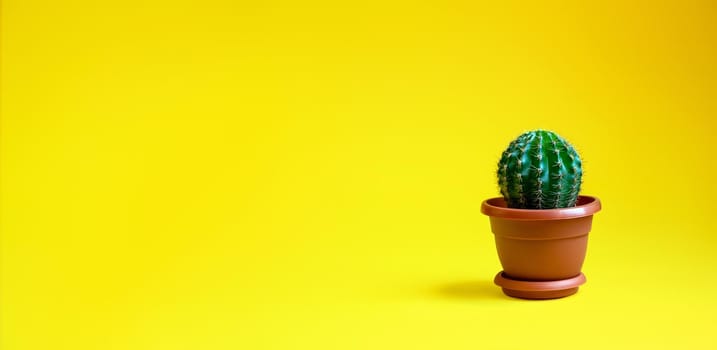 Small Decorative Cactus in Pot on Yellow Background. House Plant. Minimalism Concept. Banner. Copy Space For Your Text