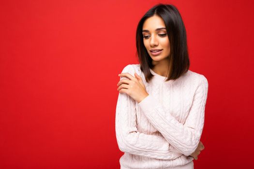 Photo of nice attractive lovely cute winsome sad upset sorrowful brown-haired woman wearing casual outfit isolated on colorful background with empty space.