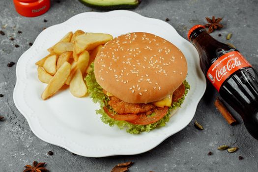 hamburger with fries and salad on the plate.