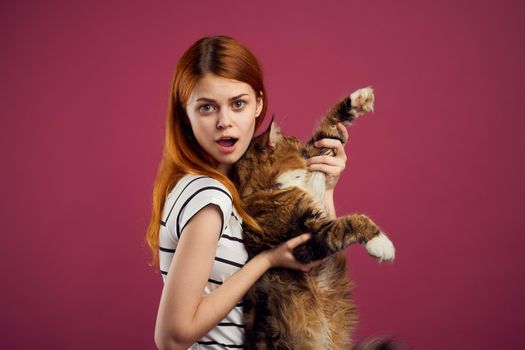 woman holding fluffy cat in her arms pet friendship pink background. High quality photo