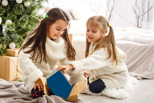 two little girls Sharing a Surprise on Christmas Morning.