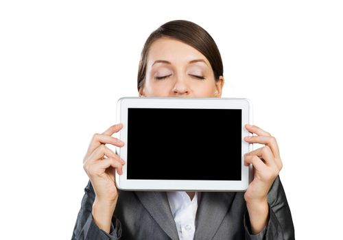 Businesswoman holding tablet computer with blank screen. Beautiful woman with closed eyes showing tablet PC near her face. Corporate businessperson isolated on white background. Digital technology