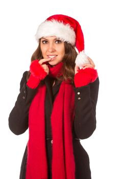 Christmas Woman. Beauty Model Girl in Santa Hat isolated on White Background.