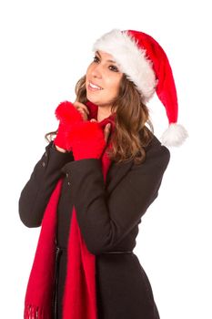 Christmas Woman. Beauty Model Girl in Santa Hat isolated on White Background.