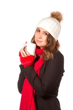 Beautiful woman holding white cup. Isolated over white.