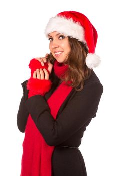 Christmas Woman. Beauty Model Girl in Santa Hat isolated on White Background.