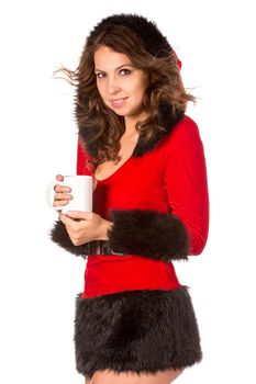 Pretty girl in christmas dress with cup of tea, isolated on white