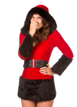 Emotional surprised young woman dressed with Christmas costume, isolated over white