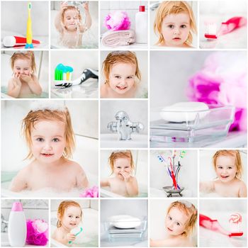 collage photo. little cute girl takes a bath