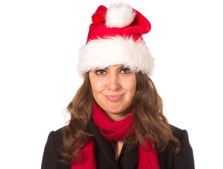 Funny harry Christmas girl with red fluffy Santa Hat. Isolated on white