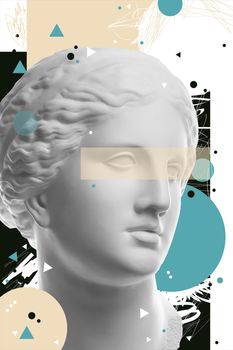 Fashion art collage with plaster antique sculpture of Venus face in a pop art style. Beauty, fashion and health theme. Creative vogue concept image in contemporary surrealism style. Zine culture.