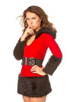 Sad woman dressed with Christmas costume, isolated over white