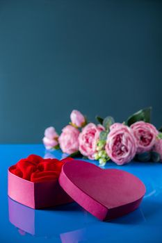 Heart shaped open gift box on blue background. Open pink heart shaped gift box on a blue background. Flowers for Valentine's Day, vertical photo