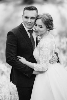 the groom and the bride are walking in the forest near a narrow river on a bright day