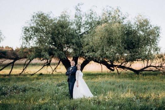 the groom and the bride are walking in the forest near a narrow river on a bright day