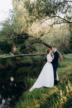 the groom and the bride are walking in the forest near a narrow river on a bright day