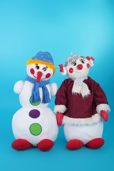 couple of the snowmen made of textile, decoration for Christmas