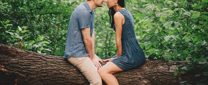 Young loving couple sitting on fallen tree trunk. Young woman kissing a young man, tender scene