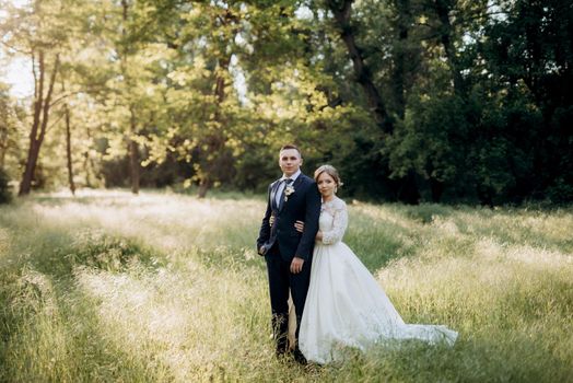 the groom and the bride are walking in the forest near a narrow river on a bright day