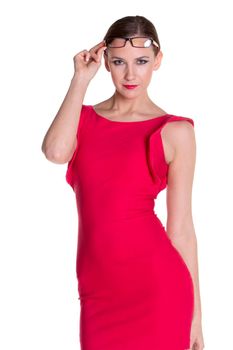 Beautiful woman in red dress with beautiful body hold the red glasses