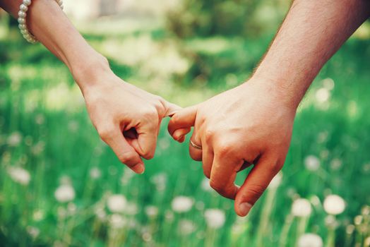 Married young loving couple holding hands each other in summer park, view of hands