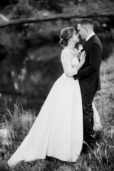 the groom and the bride are walking in the forest near a narrow river on a bright day